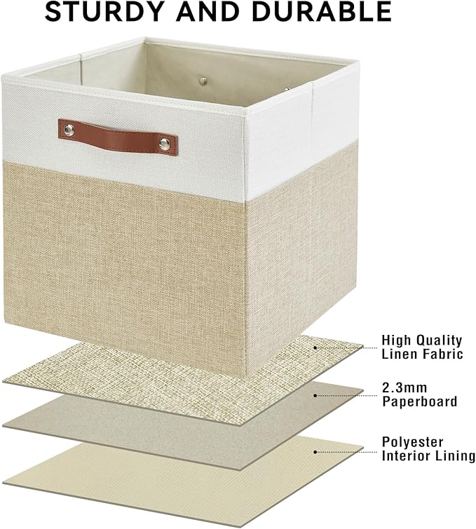Collapsible Fabric Storage Cube Bins with 2 Reinforced PU Handles, Foldable Storage Organizer Baskets for Closet, Shelves, Living Room | 13"x13"x13", 4 Pack, Beige & White