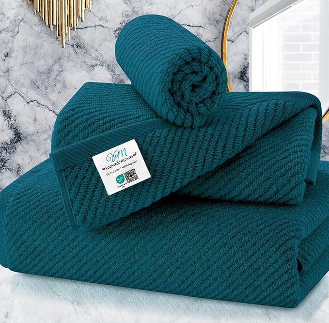VOOVA & MOVAS Towels Set for Bathroom, 100% Cotton | Quick Dry | Soft | Thick, 3 Piece Towel Set, 1 Large Bath 30" x 56", 1 Hand 18" x 28", 1 Wash Cloth 13" x 13", Bathroom Essentials, Deep Turquoise