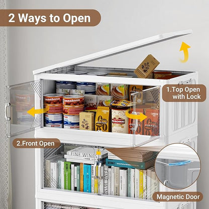 175Gal Plastic Stackable Storage Bins with Lid, 700QT Extra Large Closet Organizers Collapsible Cabinets Boxes With Drawers, Foldable Containers with 4x Wheels for Home Kitchen, V60 5Pack White