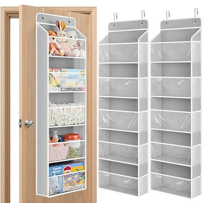 JARLINK 2 Pack Toy Stuffed Animal Storage, Over The Door Organizer W/Clear View Windows, 44lb Load, Baby Toy Storage Organizer for Nursery, Kid Bedroom, Newborn Baby Essentials (Light Grey)