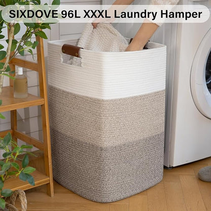 Laundry Hamper 96L Extra Large Laundry Basket, Woven Blanket Basket, Cotton Woven Storage Hamper with Handles for Living Room, Large Baskets for Pillows, Blankets, Clothes-Gradient Yellow