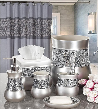 Crackled Glass Toilet Brush with Holder - Silver Toilet Bowl Cleaner Brush and Holder - Good Grip, Deep Cleaning, Decorative Design Compact Toilet Bowl Scrubber
