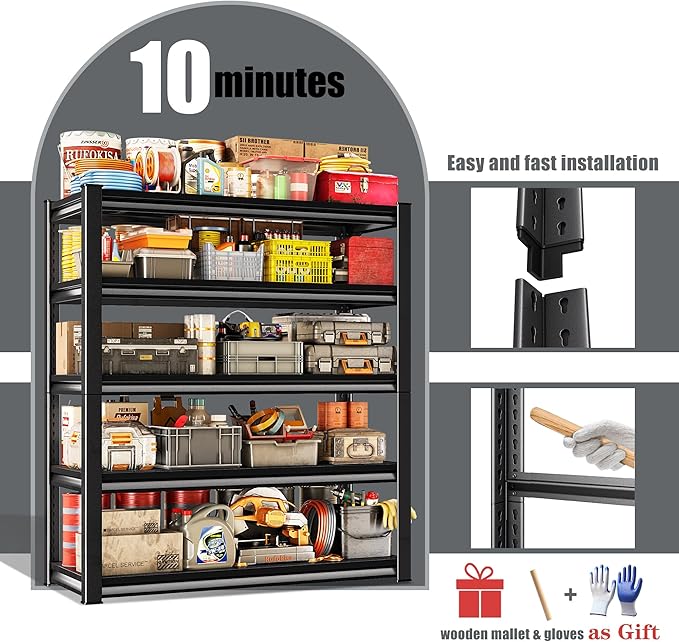 78" H Garage Shelving Heavy Duty，2800LBS Loads Adjustable Garage Storage Shelves,5-Tier Metal Storage Racks and Shelving Units, Utility Rack Shelves,48”W x 18”D x 78”H,Black