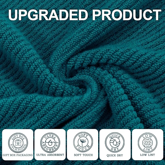 VOOVA & MOVAS Towels Set for Bathroom, 100% Cotton | Quick Dry | Soft | Thick, 3 Piece Towel Set, 1 Large Bath 30" x 56", 1 Hand 18" x 28", 1 Wash Cloth 13" x 13", Bathroom Essentials, Deep Turquoise