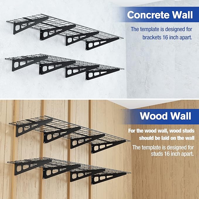 WORKPRO 2-Pack 2x6FT Garage Wall Shelving, 72” x 24” Heavy Duty Wall Mounted Shelving, 800lbs Load Capacity (Total), Metal Wall Shelves Suitable for Shop, Shed, Garage Storage, Black, 1 Sets