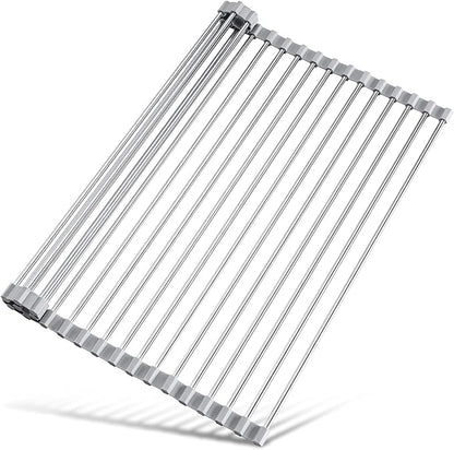 Tomorotec 17.7" x 12.5" Roll Up Dish Drying Rack Over Sink Drying Rack Sink Cover Kitchen Sink Accessories Gadget Multipurpose Organizer Foldable Stainless Steel Drainer