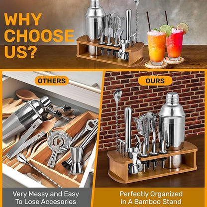 16 Piece Bartender Kit with Bamboo Stand | Cocktail Shaker Set Essential Bar Tools Wine Shaker Ice Filter Mixing Spoon Jigger Wine Dispenser