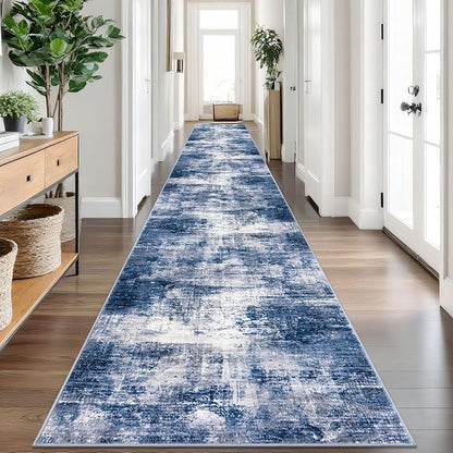IOHOUZE Abstract Runner Rug 3x20 Ft Extra Long Washable Runners for Hallways, Non Slip Kitchen Runner Printed Faux Wool Entryway Runner Indoor, Modern Abstract Floor Carpet for Hall Stair, Navy/Grey