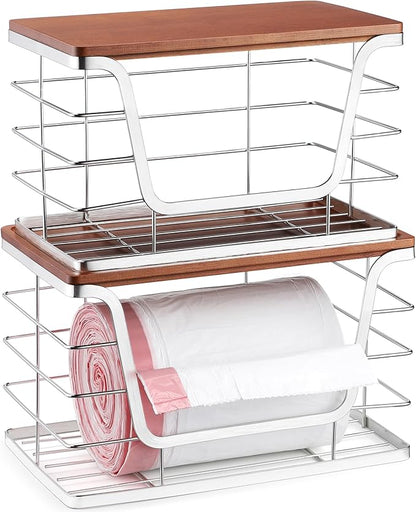 ALOCEO 2 Pack Stackable Storage Bins with Lids, Stainless Steel Extra Large Trash Bag Dispenser for Kitchen Sink, Laundry, Pantry Organizer and Storage, Fit 13/30/33 Gallon Garbage Bags, Walnut Sliver