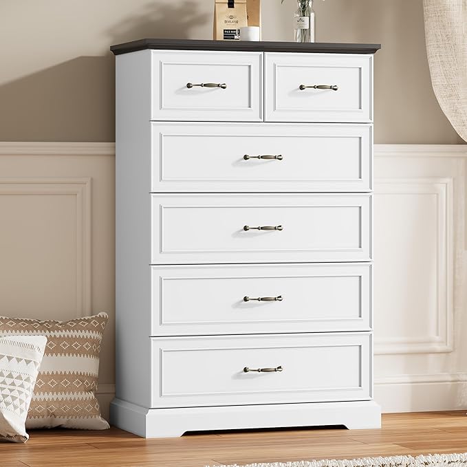 6 Drawer Dresser for Bedroom, 49" Tall Wooden Chest of Drawers, Rustic Farmhouse Dresser with Large Drawers & Metal Handles, Modern Storage Organizer for Closet, Living Room, Hallway, White
