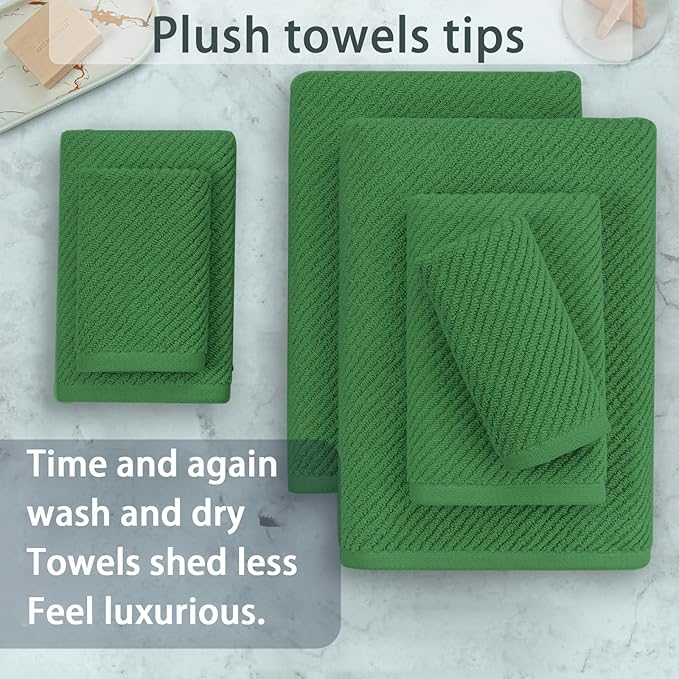 Green Towels, 6 Piece Towels Set - Cotton | Quick Dry | Thick | Lightweight | Soft, 2 Large Bath Towels 30"x56", 2 Hand Towels 18"x28", 2 Washcloths 13"x13", Luxury Towel Gift, Hunter Green