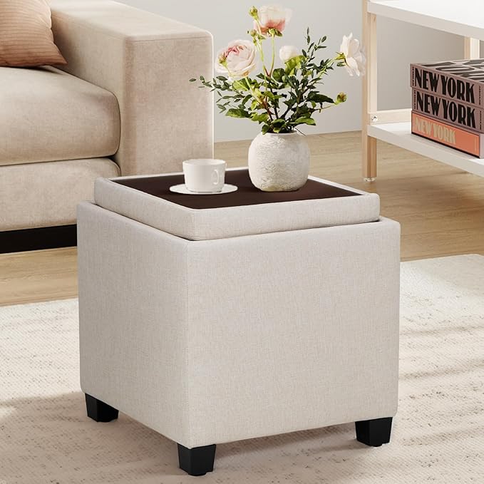 COLAMY Fabric Square Storage Ottoman with Reversible Tray Lid – Multi-Functional Footrest, Hidden Storage, Sturdy & Stylish Small Coffee Table for Living Room, Bedroom, or Entryway(Beige)