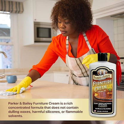 PARKER & BAILEY FURNITURE CREAM - Multisurface Wood Cleaner And Polish Furniture Quick Shine Restorer Protector Kitchen Cabinets Surface Cleaner House Cleaning Supplies Home Improvement, 16oz