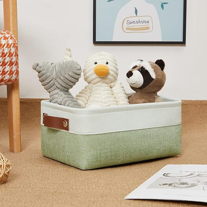 DULLEMELO Small Storage Basket, Fabric Collapsible Gift Storage Basket for Shelves, Closets, Nursery, Home, Office Organizing, Small Canvas Linen Rectangular Storage Bin with Handles (White&Green)