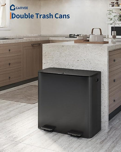 GarveeHome 2 x 10.6 gal Stainless Steel Double Trash Can with Lid for Kitchen, Large Dual Trash and Recycle Bin Combo, Step-on Kitchen Metal Garbage Cans, PP Inner Buckets, Liner Rim, Matte Black