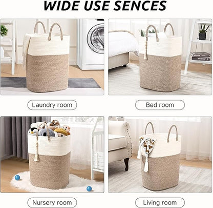 Woven Laundry Basket for Clothes, 50L Large Rectangle Laundry Hampers with Beads Tassel, Nursery Storage Basket for Toys, Tall Dirty Clothes Hamper for Bedroom Aesthetic, Laundry Room Organization