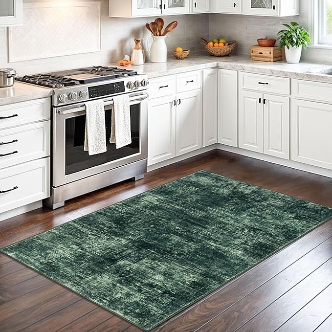 IOHOUZE Abstract Area Rug 3x5 Ft Washable Rugs for Entryway Indoor, Non Slip Kitchen Rug Printed Faux Wool Throw Rugs, Indoor Door Mat for Door Entrance Foyer Living Room, Dark Green