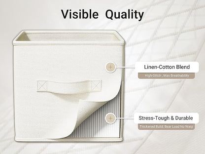 4 Pack Foldable Fabric Closet Storage Bins, 11Inch Organizer Cubes with Handles, Linen Storage Boxes for Clothes, Toys, Books and Home Organization, White& Ivory
