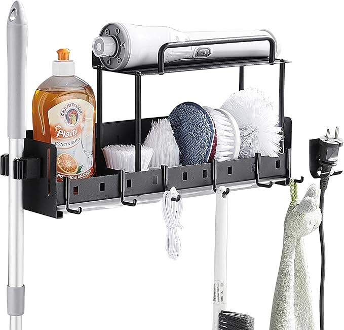 Wall-Mounted Cleaning Tool Organizer, 16.14x4.33x3.74 inches, Black Storage Rack with Drip Tray, Mop Holder with 5 Hooks