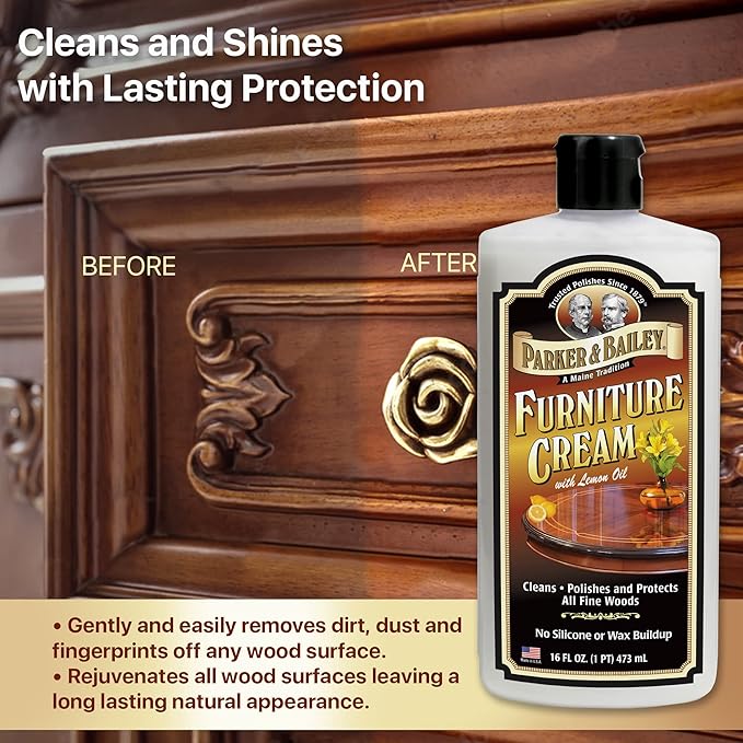 PARKER & BAILEY FURNITURE CREAM - Multisurface Wood Cleaner And Polish Furniture Quick Shine Restorer Protector Kitchen Cabinets Surface Cleaner House Cleaning Supplies Home Improvement, 16oz