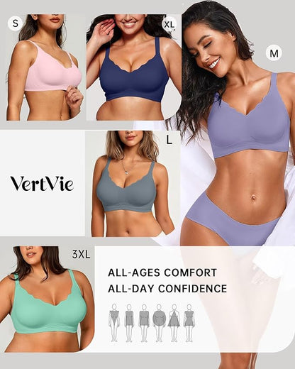 Vertvie Womens Seamless Bras No Underwire Supportive Wireless Push Up Full Coverage Bralette Comfort Scalloped T-Shirt Bra