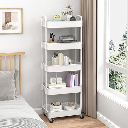 Sywhitta 5-Tier Plastic Rolling Utility Cart with Handle, Multi-Functional Storage Trolley for Office, Living Room, Kitchen, Movable Storage Organizer with Wheels, White