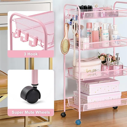 TOOLF 4 Tier Rolling Utility Cart - Durable Metal Design Pink Utility Cart, Storage Trolley on Wheels with 3 Hooks, Perfect for Kitchen, Bathroom & Laundry Room Organization