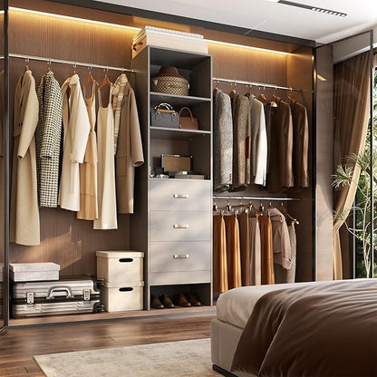96'' Closet Organizer System with 3 Hanging Rods (Without 3 Storage Shelves), 8FT Closet Systems, Wall Mount Bedroom Wardrobe with 3 Wood Drawers, Adjustable Garment Rack from 5 to 8FT, Grey