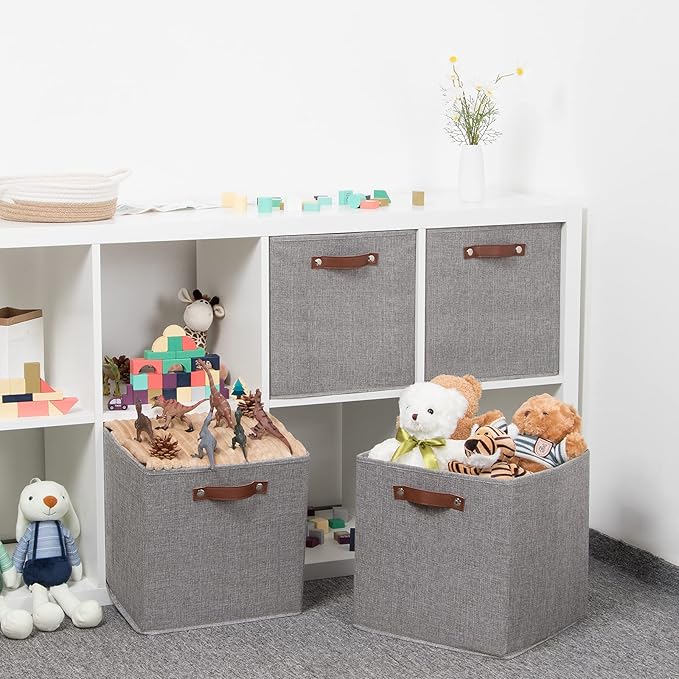 Temary Fabric Storage Cubes - 13 x 13 Collapsible Bins with Handles for Home Organization (Gray)