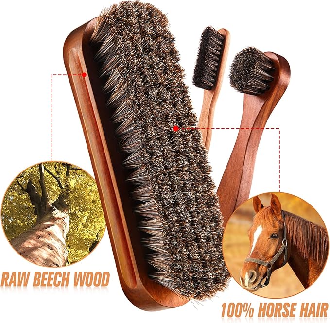 7 Pcs Horsehair Shine Shoes Brush Kit Polish Dauber Applicators Cleaning Leather Shoes Boots Care Brushes Suede Cleaner Brush with Microfiber Shoe Cloth(7 Pcs Style C)