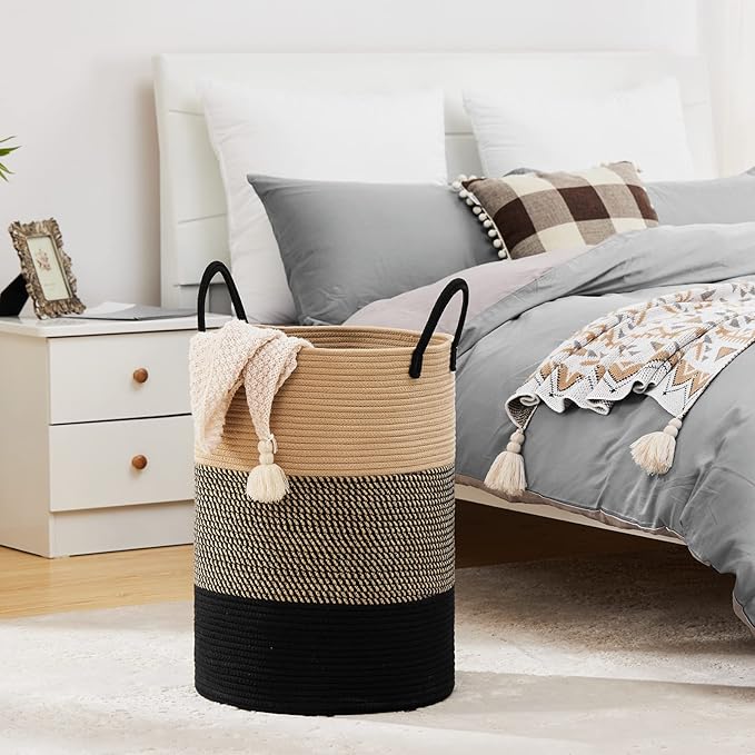 Fiona's magic 58L Large Woven Laundry Hamper, Tall Cotton Rope Laundry Basket, Boho Storage Basket for Blankets, Toys and Clothes Hamper for Bedroom and Living Room Organizing, Brown & Black