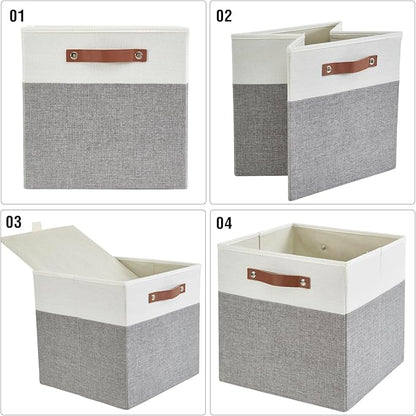 Collapsible Fabric Storage Cube Bins with 2 Reinforced PU Handles, Foldable Storage Organizer Baskets for Closet, Shelves, Living Room | 13"x13"x13", 4 Pack, Gray & White