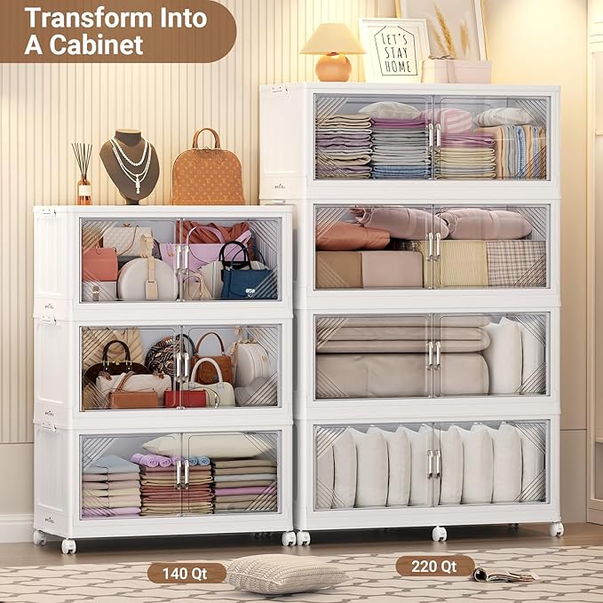 175Gal Plastic Stackable Storage Bins with Lid, 700QT Extra Large Closet Organizers Collapsible Cabinets Boxes With Drawers, Foldable Containers with 4x Wheels for Home Kitchen, V60 5Pack White