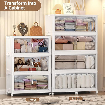 175Gal Plastic Stackable Storage Bins with Lid, 700QT Extra Large Closet Organizers Collapsible Cabinets Boxes With Drawers, Foldable Containers with 4x Wheels for Home Kitchen, V60 5Pack White