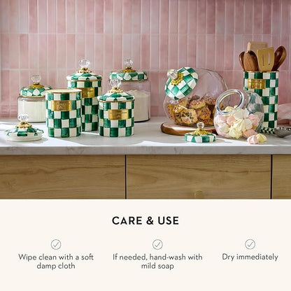 MACKENZIE-CHILDS Small Kitchen Canister, Decorative Glass Storage Jar with Lid, Green-and-White Emerald Check