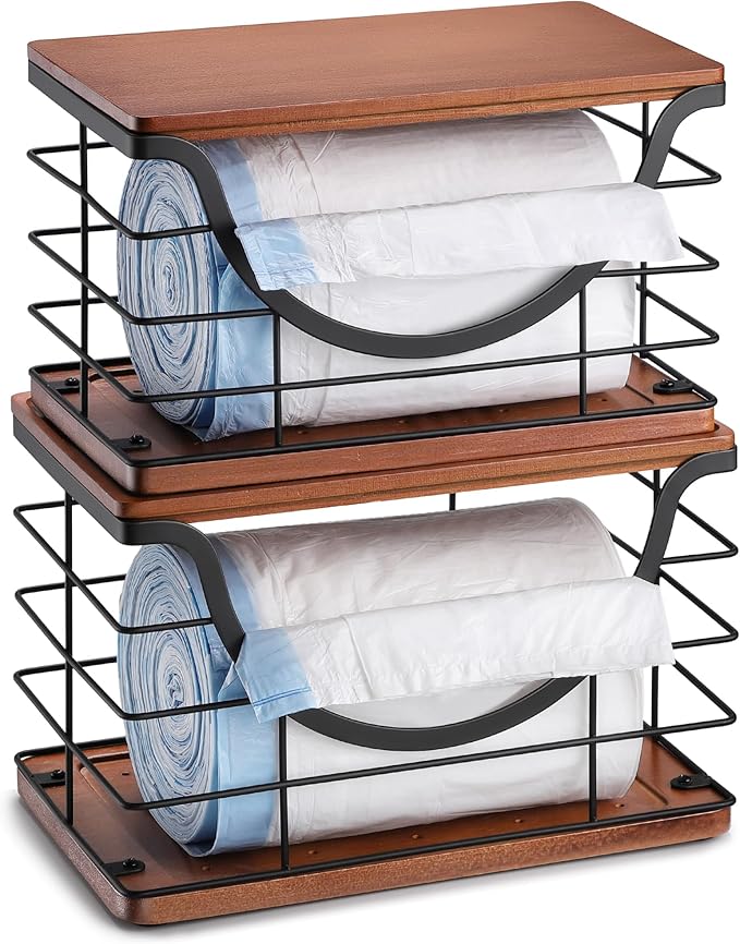 Extra Large Trash Bag Holder Stackable Kitchen Storage, 2 Pack Wall Mounted Pantry Organizers and Storage with Bamboo Top, Garbage Bag Dispenser Under Sink for Laundry Room and Kitchen