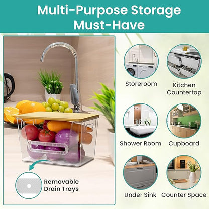 2 Set Pantry Organizers, Storage,Bamboo Lids with Removable Drain Trays, Stackable Clear Bins for Potato, Onion, Vegetables, Fruit, Trash Bag Dispenser, Under Sink Organizer for 4-13 Gal Bags
