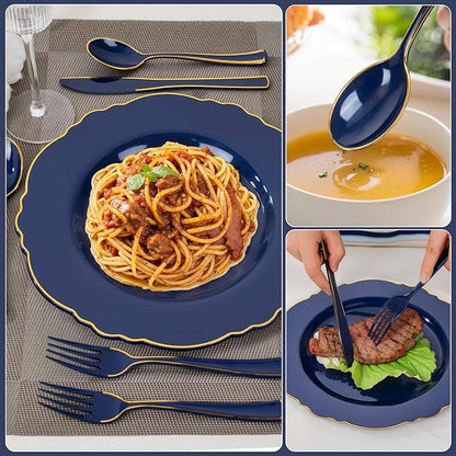 WDF 180PCS Blue Plastic Silverware -Blue and Gold Plastic Cutlery 60 Forks, 60 Knives, 60 Spoons - Heavy Duty Disposable Silverware for Party/Wedding/Space Themed Birtyday Party