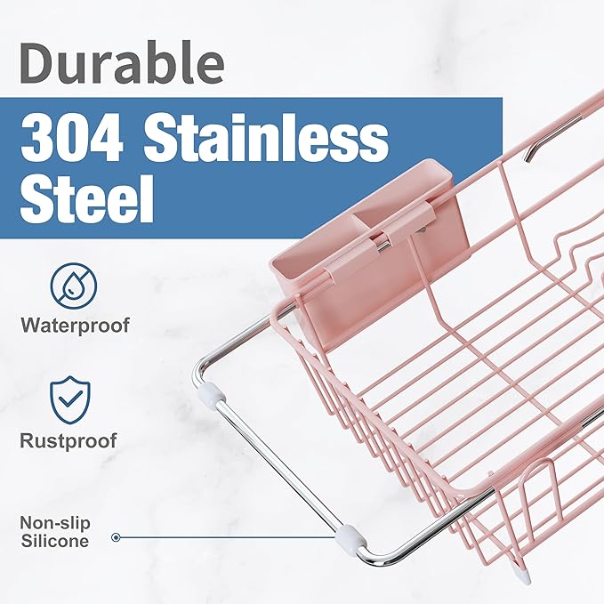 Over the Sink Expandable Dish Drainer Drying Rack In Stainless Steel for Small Kitchen, Counter Space Saving Compact Metal Above Plate Dryer Strainer, Pink Adjustable Hanging Inside Drain Holder