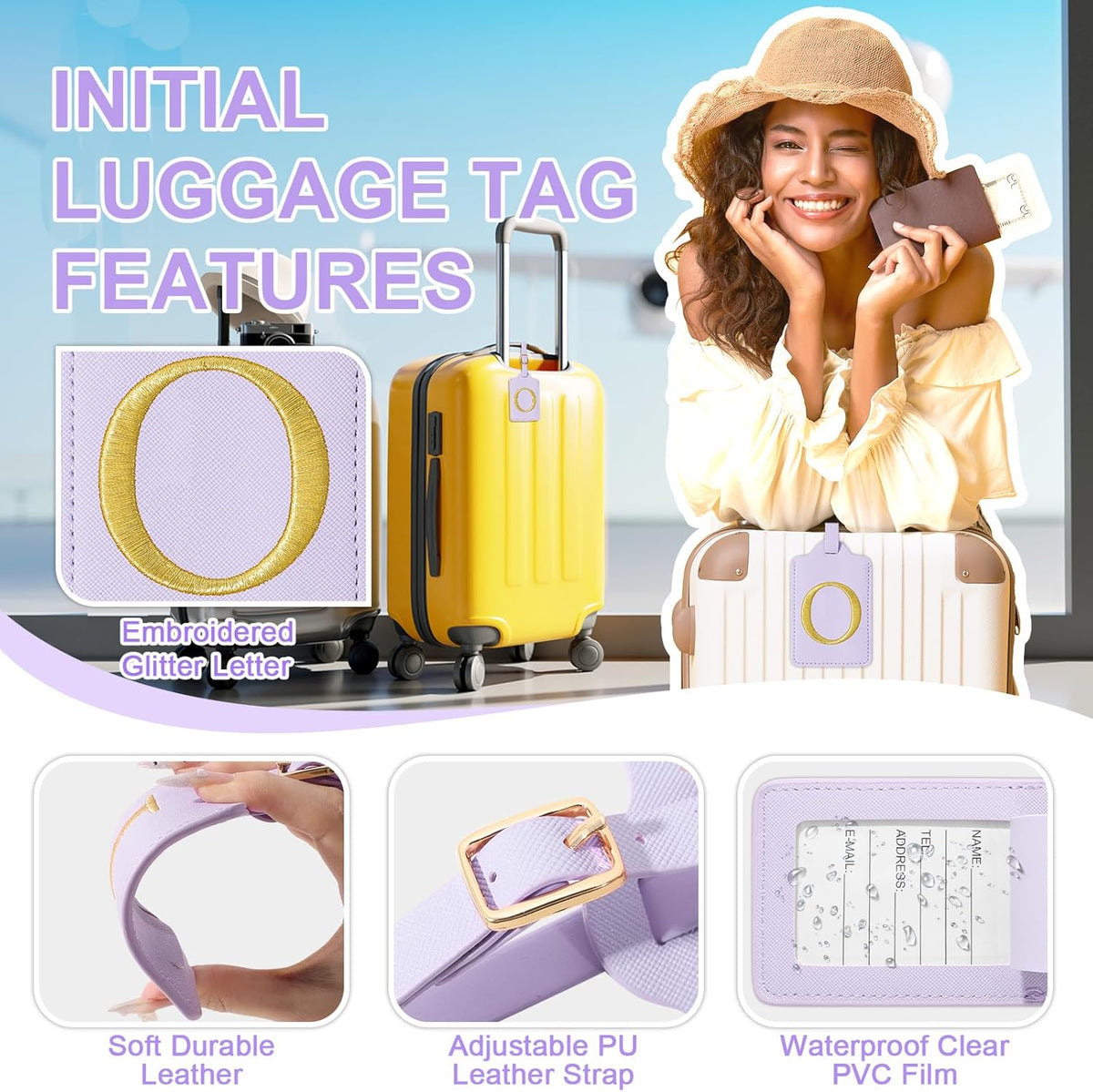 Personalized Initial Luggage Tags for Suitcase, Purple Leather Cute Luggage Tags with Privacy Cover Name Card, Embroidered Custom Monogrammed Luggage Tag Travel Backpack Tags Gifts for Women Kids(O)