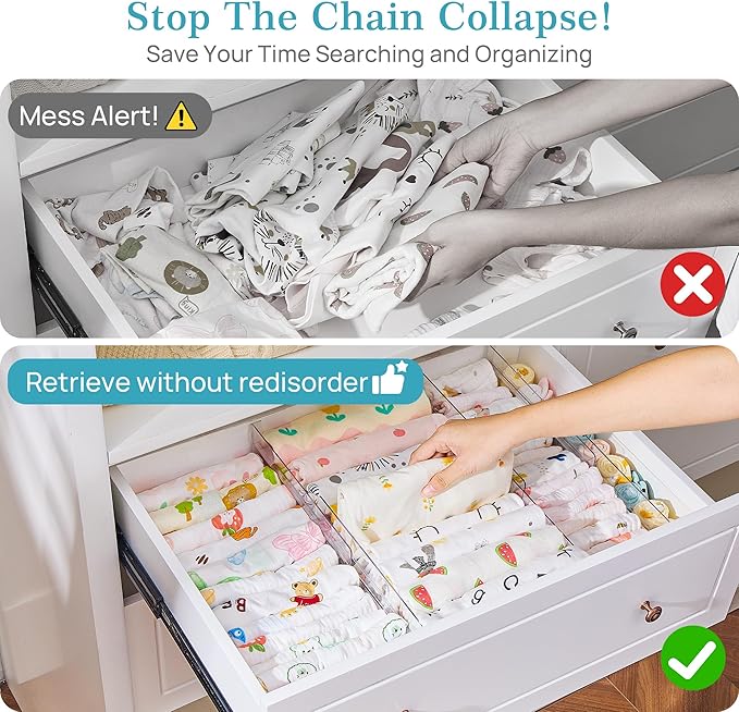 Vtopmart 4 Pack Drawer Dividers for Clothes, 4" High 10.2"-16.6" Adjustable Expandable Dresser Drawer Organizer, Clear Plastic Separators for Dresser, Baby Clothing, Underwear, Cosmetic, Toiletries