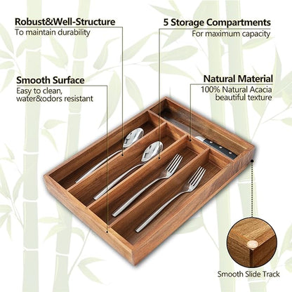 Silverware Organizer, 10 Inch Utensil Organizer Kitchen Drawer Organizer Acacia Silverware Holder Cutlery Tray Organizer in Drawer Flatware Organizer Tray(5 slots, Acacia）