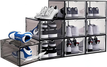 9 Pack Thicken Shoe Organizer Stackable Upgraded Sturdy Transparent Shoe Storage Box with Magnetic Door Sneaker Hats Display Case Fit Up to US Size 13, Black