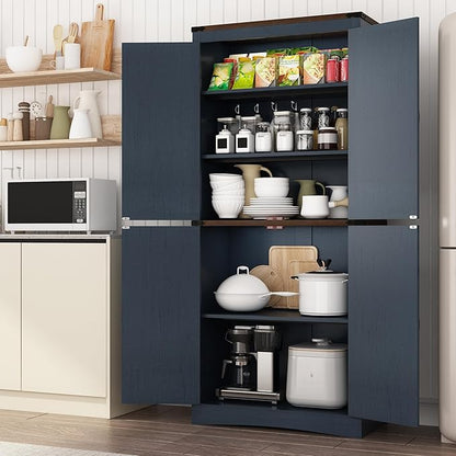 71in Farmhouse Kitchen Pantry Cabinet,Tall Storage Cabinet with 4 Doors and Adjustable shelves,with Load-Bearing Steel Pipe,Wood Storage Cabinets for Kitchen,Dining Room,Bathroom(Rustic Blue)