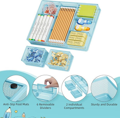 Marbrasse 3 Packs Desk Drawer Organizers, Metal Mesh Dividers with 9 Adjustable Compartments, Pen Organizer for Drawer Tray Box Accessories for Desktop,Kitchen, Makeup(Blue)