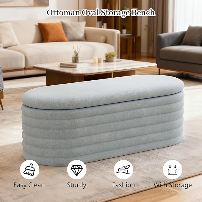 Storage Ottoman Bench, 40" Storage Bench, Upholstered Fabric Storages Benches End of Bed Stool with Safety Hinge, Shoe Storages Benches for Bedroom, Living Room, Entryway, Closet,Light Grey