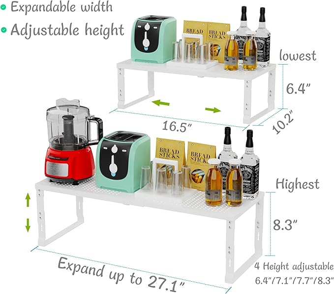 Adjustable Expanable Stackable Spice Rack Shelf Pantry Storage Organizer for Kitchen Cabinet,Countertop,Bathroom and More.Space is no Longer Limited(2Packs/White/Large)