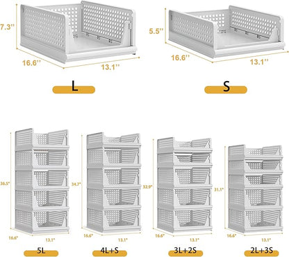 Proarea 5 Pack Stackable Plastic Storage Basket Closet Organizer Bin Foldable Clothes Organizer Storage Drawer Shelf Container for Living room Bathroom Kitchen Office (2L+3S)