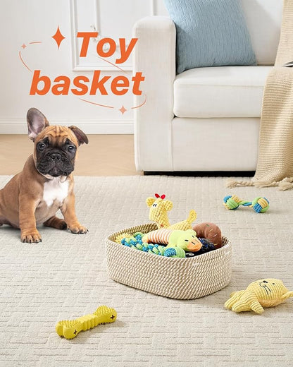 Small Woven Basket, 12 x 8 x 4.5 Inches, Storage Basket for Organizing, Cute Small Rope Shelf Closet Cube Storage Bins Baskets for Shelves, Dog Toy Gift Baskets Empty, 3 Pack Brown