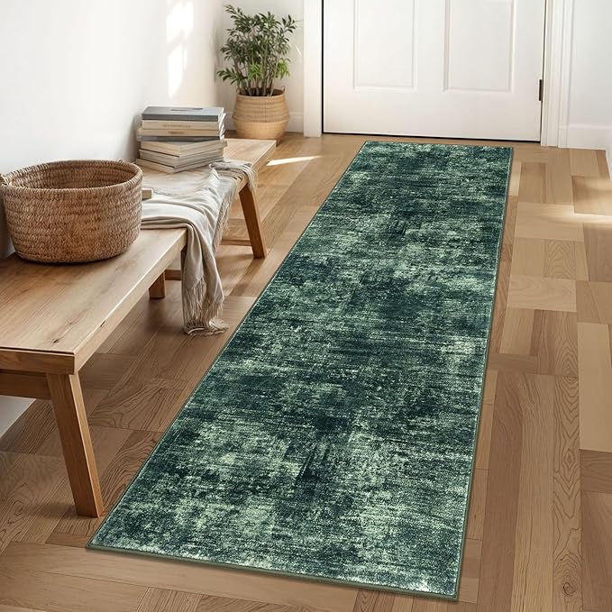 IOHOUZE Abstract Runner Rug 2x6 Ft Washable Runners for Hallways, Non Slip Kitchen Runner Printed Faux Wool Entryway Runner Indoor, Modern Abstract Floor Carpet for Hall Kitchen Bedroom, Dark Green